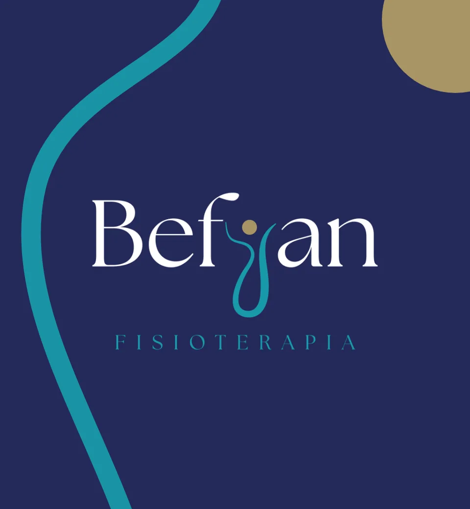 Befyan Fisioterapia: logotipo con la figura en movimiento sobre el azul de su folder, con la cinta turquesa y el círculo dorado
